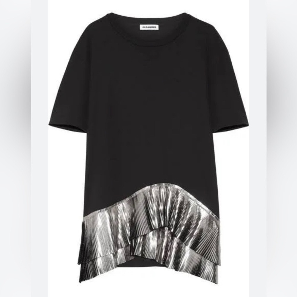 Jil Sander Black / Silver Metallic Pleated Trim Short Sleeved Blouse Size L